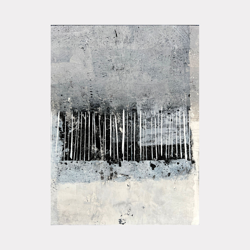 The artwork 'The Next Hurricane' by Karen L. Burns features vertical white lines against a textured gray background, creating a minimalist abstract composition. The piece combines acrylic and mixed media, showcasing a dramatic contrast between light and dark tones. The vertical strokes suggest rainfall or storm elements, while the weathered texture evokes atmospheric turbulence.