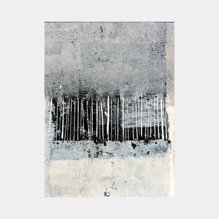 The artwork 'The Next Hurricane' by Karen L. Burns features vertical white lines against a textured gray background, creating a minimalist abstract composition. The piece combines acrylic and mixed media, showcasing a dramatic contrast between light and dark tones. The vertical strokes suggest rainfall or storm elements, while the weathered texture evokes atmospheric turbulence.
