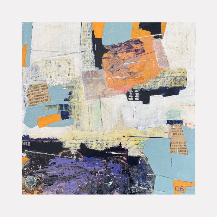 The artwork 'On The Outer Edge' by Giliane Bader features an abstract composition with layered geometric shapes in soft orange, pale blue, and deep purple tones. Textural elements include distressed surfaces and collage-like fragments, created using mixed media on birch panel with cold wax finish. The 12x12 piece combines urban contemporary style with vintage aesthetics.