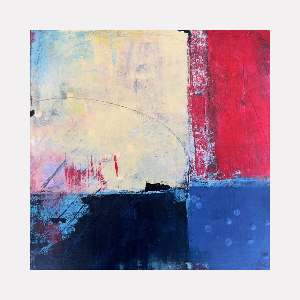 The artwork 'The Protector's Embrace' by Karen L. Burns features a bold abstract composition with contrasting blocks of deep navy blue and vibrant red against a soft, textured cream background. Dynamic brushstrokes and mixed media techniques create a layered effect, with delicate pink undertones and subtle yellow accents merging into textural acrylic surfaces.