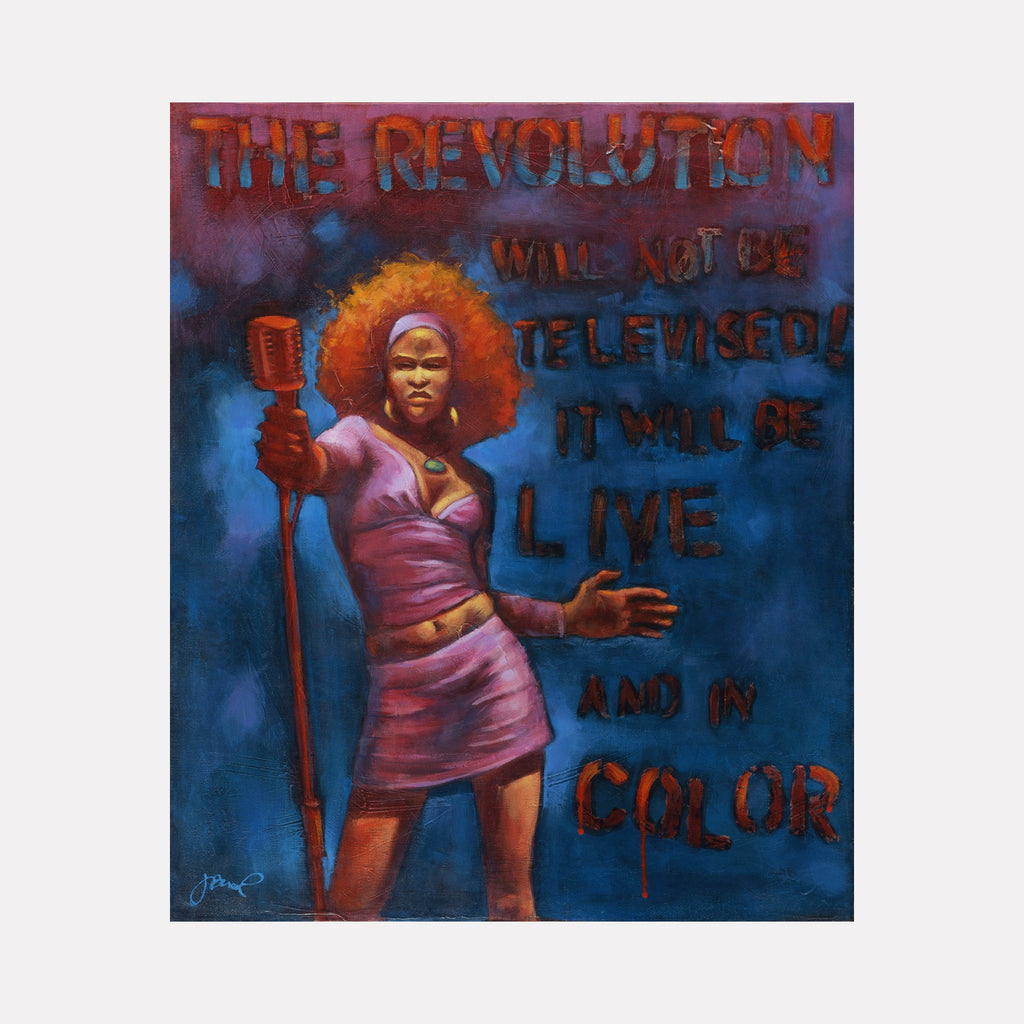 The artwork 'The Revolution Will Not Be Televised' depicts a figure in a vibrant pink dress against a deep blue background, holding a microphone stand. The text appears in dramatic red lettering across the canvas, creating a striking contrast. Bold artistic style combines retro aesthetics with modern lithograph techniques. High quality 20x16 inch canvas print by JaeMe Bereal.