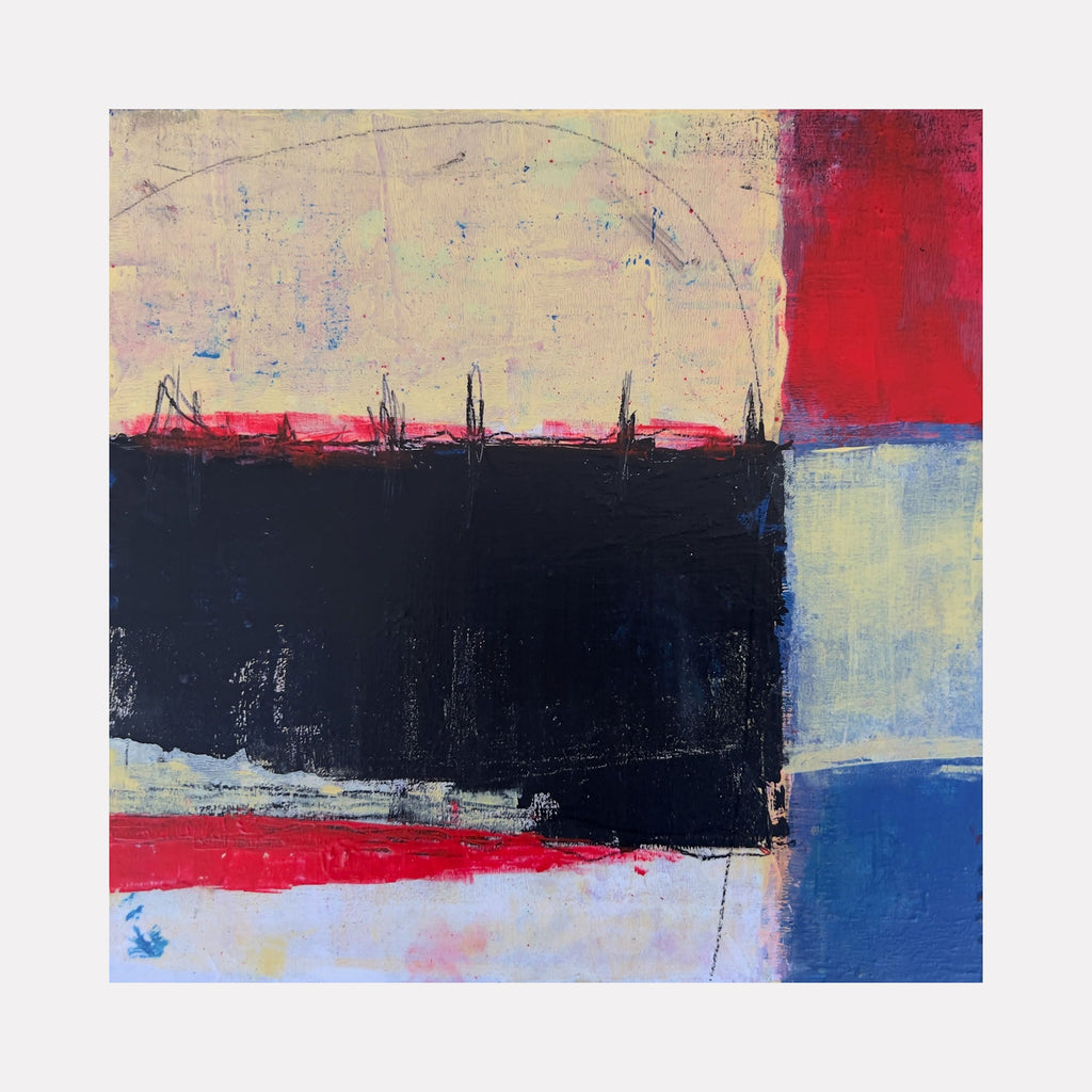 The artwork 'The Shield of Self' by Karen L. Burns features bold geometric color blocks in deep black, vibrant red, and soft blue, with textured brushstrokes creating an abstract modernist composition. Subtle scratches and layered acrylic paint add depth and emotional resonance to this contemporary 12x12 protective shield motif.