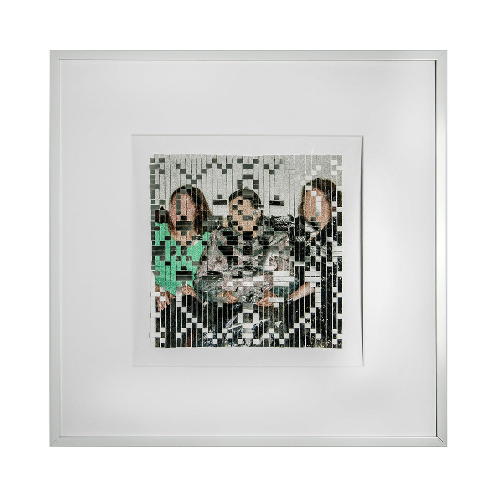 The artwork 'The Three Graces' by Kiana Honarmand features a woven photo collage with geometric pixelated patterns in black, white, and mint green. Hand-cut giclee prints create a mesmerizing abstract mosaic effect with vertical stripes and zigzag patterns, framed in clean white matting. 16x16 inches contemporary wall art.