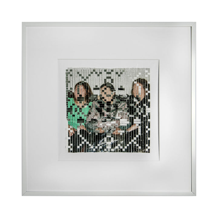 The artwork 'The Three Graces' by Kiana Honarmand features a woven photo collage with geometric pixelated patterns in black, white, and mint green. Hand-cut giclee prints create a mesmerizing abstract mosaic effect with vertical stripes and zigzag patterns, framed in clean white matting. 16x16 inches contemporary wall art.