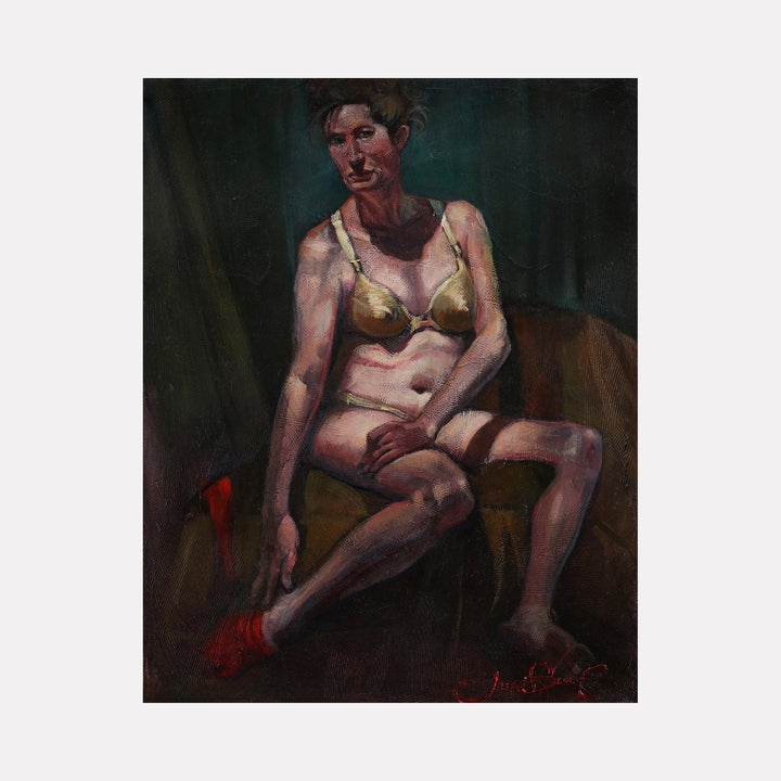 The artwork 'The Victor's Secret' features a seated figure in light undergarments against a deep emerald background. The composition uses dramatic chiaroscuro lighting with rich shadows and warm flesh tones. Bold brushstrokes and expressive acrylic technique create dynamic tension. A striking red accent adds visual impact. 14x11 inches by JaeMe Bereal.