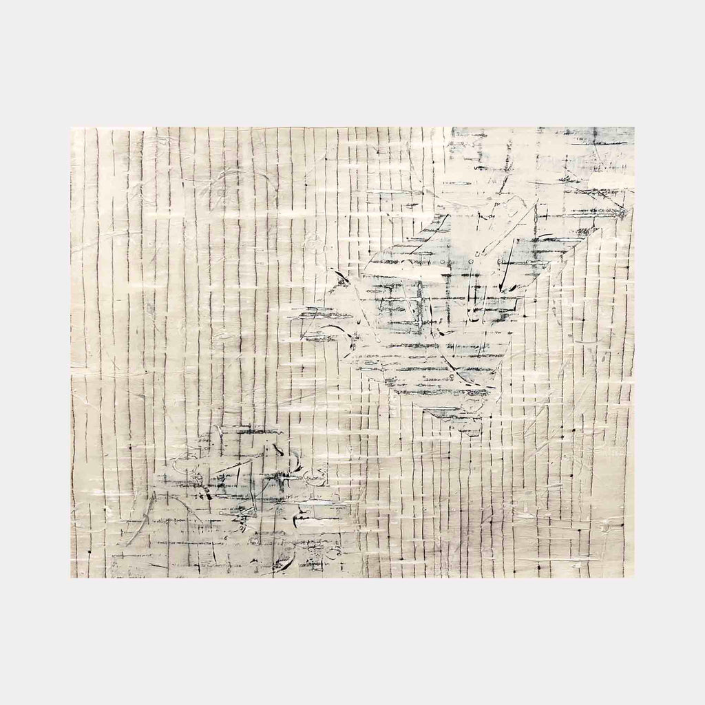 The artwork 'The best is yet to come' by Shira Toren features delicate vertical lines in Venetian plaster across an off-white canvas, with subtle graphite markings creating an abstract pattern. The composition suggests movement through ethereal gray strokes and textural elements, conveying a minimalist aesthetic. Created with Venetian plaster and graphite on canvas by Shira Toren.