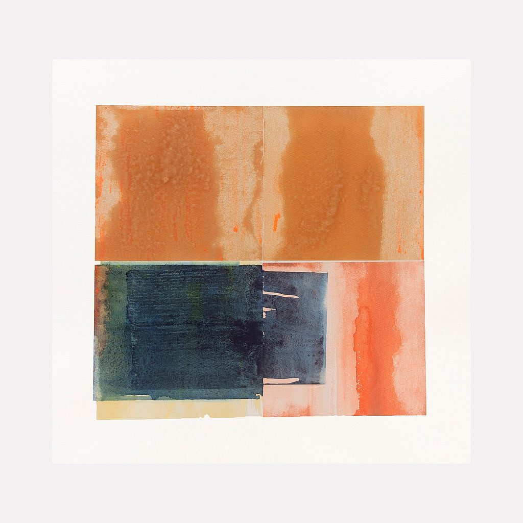 The artwork 'The stain of antecedent passions' by Ken Schiano features abstract watercolor composition divided horizontally, with flowing orange and coral tones in the upper half contrasting against a deep navy-green rectangular block in the lower portion. The piece exhibits fluid watercolor techniques with subtle color gradients and intentional bleeds - by Ken Schiano.