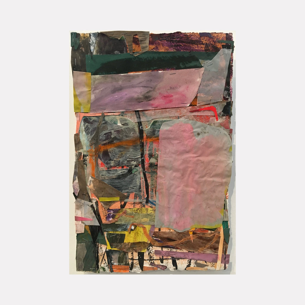 The artwork 'Threshold' by Christopher Blyth features an abstract collage composition with layered torn paper elements in pink, green, and gray tones. The mixed media piece incorporates oil stick marks, visible staples, and textural elements, creating a dynamic interplay of rough and smooth surfaces arranged in geometric fragments across the museum board.
