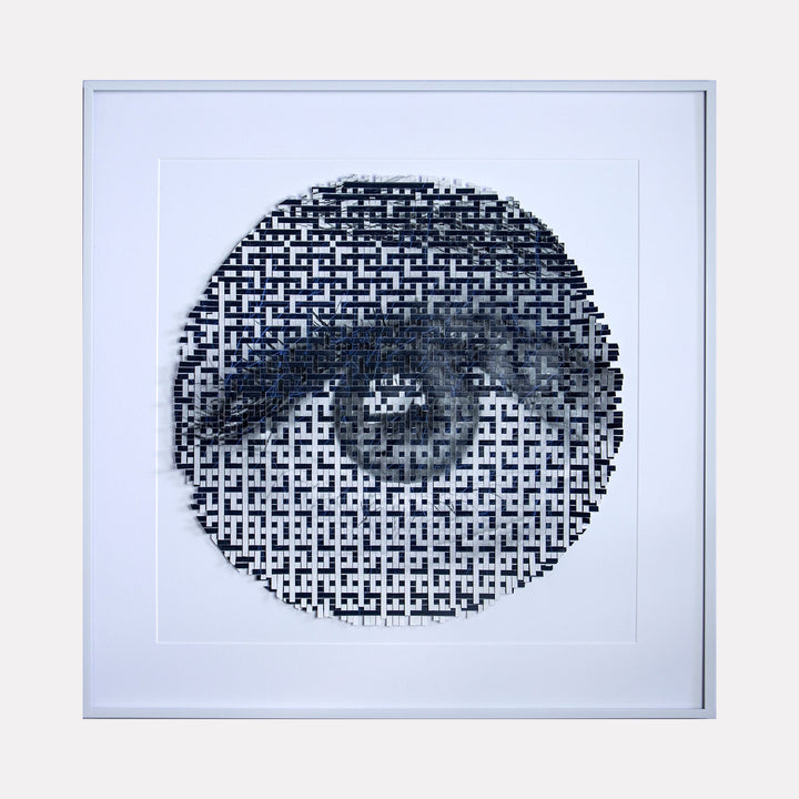 The artwork 'Through Still Waters' by Kiana Honarmand features a striking circular composition depicting an eye emerging from a geometric pattern. Black and white abstract design combines traditional Persian motifs with digital pixelation, creating a mesmerizing visual effect. The detailed eye illustration appears to gaze through a maze-like lattice pattern, symbolizing depth and contemplation. - By Kiana Honarmand