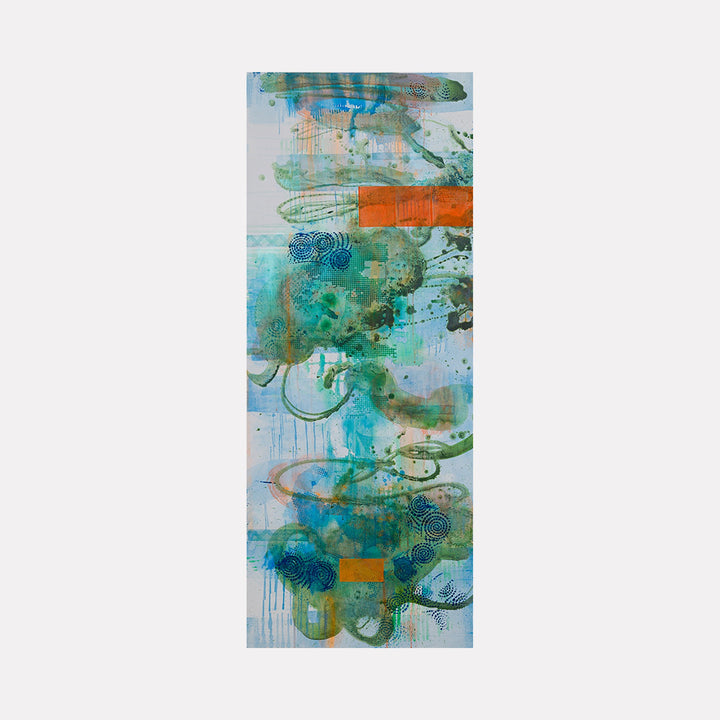 The artwork 'Thru the Clouds 1' by Lisa Petker Mintz features a vertical abstract composition with swirling turquoise and aqua tones, accented by striking orange elements. Ethereal drips and circular patterns create a dreamlike atmosphere, while layered textures and gestural brushstrokes in acrylic paint suggest movement through misty spaces on a 60x24 inch canvas.