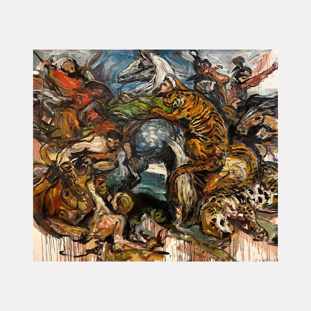 Tiger Hunt (After Rubens) by David Quentin Sheldon captures an intense, chaotic scene of a dramatic animal and human struggle. Expressive brushwork and bold, earthy tones blend dynamic figures, including a striking tiger and other wildlife, evoking a raw energy and turbulent movement in a modern, interpretive style.