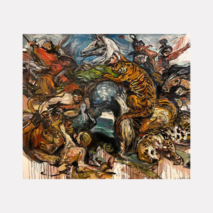 Tiger Hunt (After Rubens) by David Quentin Sheldon captures an intense, chaotic scene of a dramatic animal and human struggle. Expressive brushwork and bold, earthy tones blend dynamic figures, including a striking tiger and other wildlife, evoking a raw energy and turbulent movement in a modern, interpretive style.