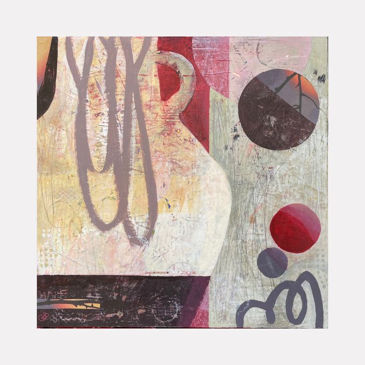 The artwork 'Time Will Tell' by Giliane Bader features abstract geometric shapes with flowing curves in muted grays and deep burgundy. A textured mixed media composition on birch panel showcases floating circles and organic loops against a distressed backdrop of creamy whites and pale sage. The cold wax finish adds depth and ethereal luminosity to this contemporary abstract piece.