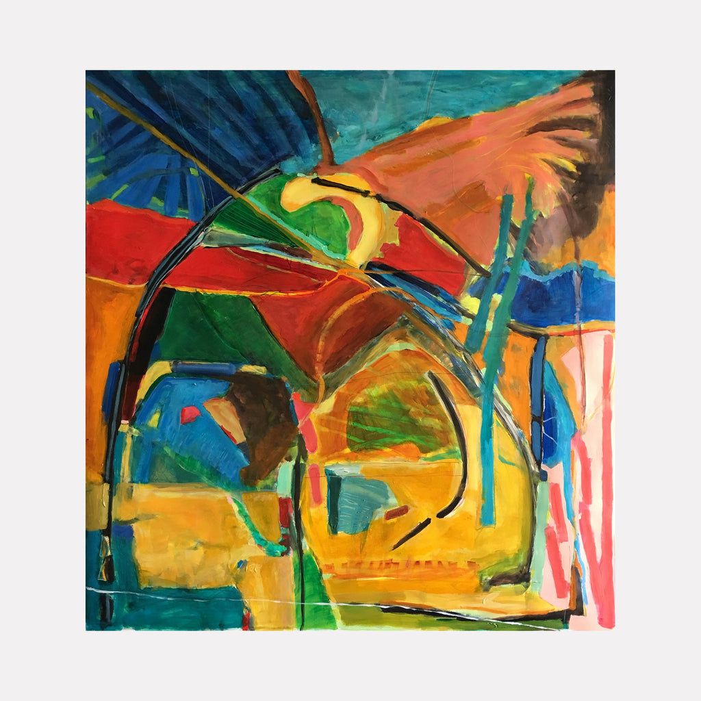 The artwork 'Trees of the Field (flags)' by Owen Brown features vibrant abstract shapes in bold acrylic strokes on watercolor paper. Dynamic arches and curved lines in deep blues, oranges, and turquoise create a sense of movement. The composition suggests organic forms with flag-like elements integrated through bold red and striped patterns. 48x48 inches, by Owen Brown.