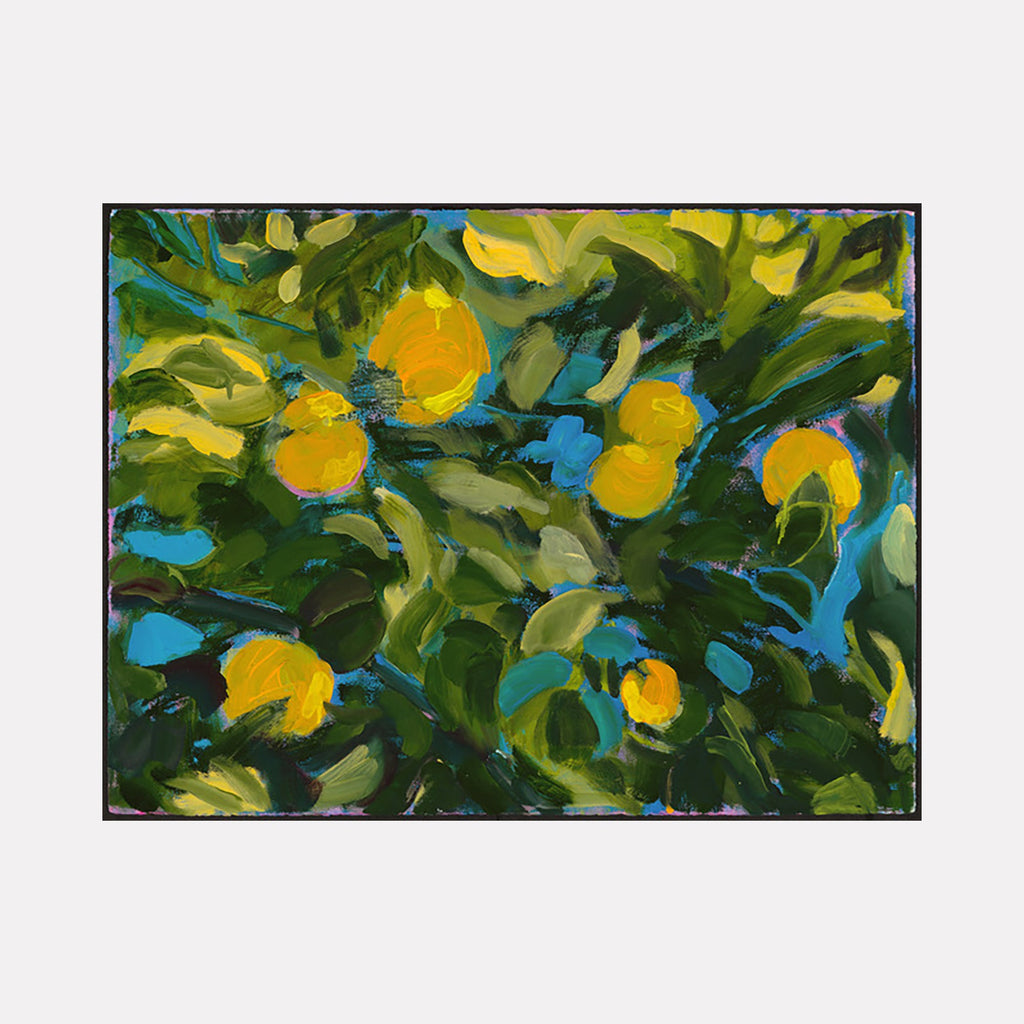 The artwork 'Tributaries of sky' by Cristi Lyon features vibrant yellow citrus fruits nestled among lush green foliage, painted in expressive brushstrokes. Deep turquoise blues weave through the composition, creating dynamic movement. The oil painting on paper showcases an impressionistic style with bold, gestural marks and rich, layered colors.