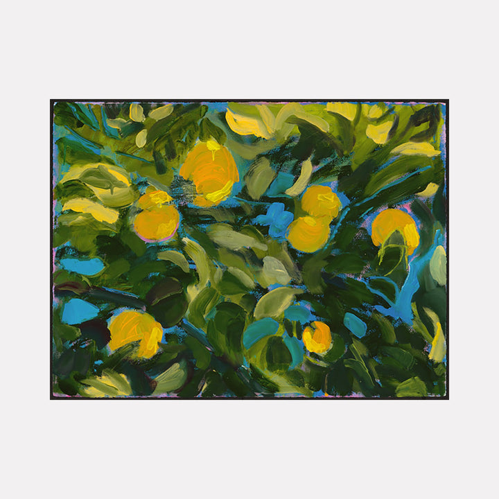 The artwork 'Tributaries of sky' by Cristi Lyon features vibrant yellow citrus fruits nestled among lush green foliage, painted in expressive brushstrokes. Deep turquoise blues weave through the composition, creating dynamic movement. The oil painting on paper showcases an impressionistic style with bold, gestural marks and rich, layered colors.