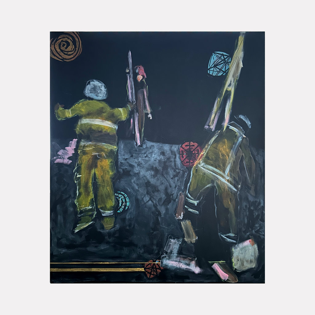 Ukraine Emergency Workers by Owen Brown: Abstract figures in protective gear against dark background with geometric shapes