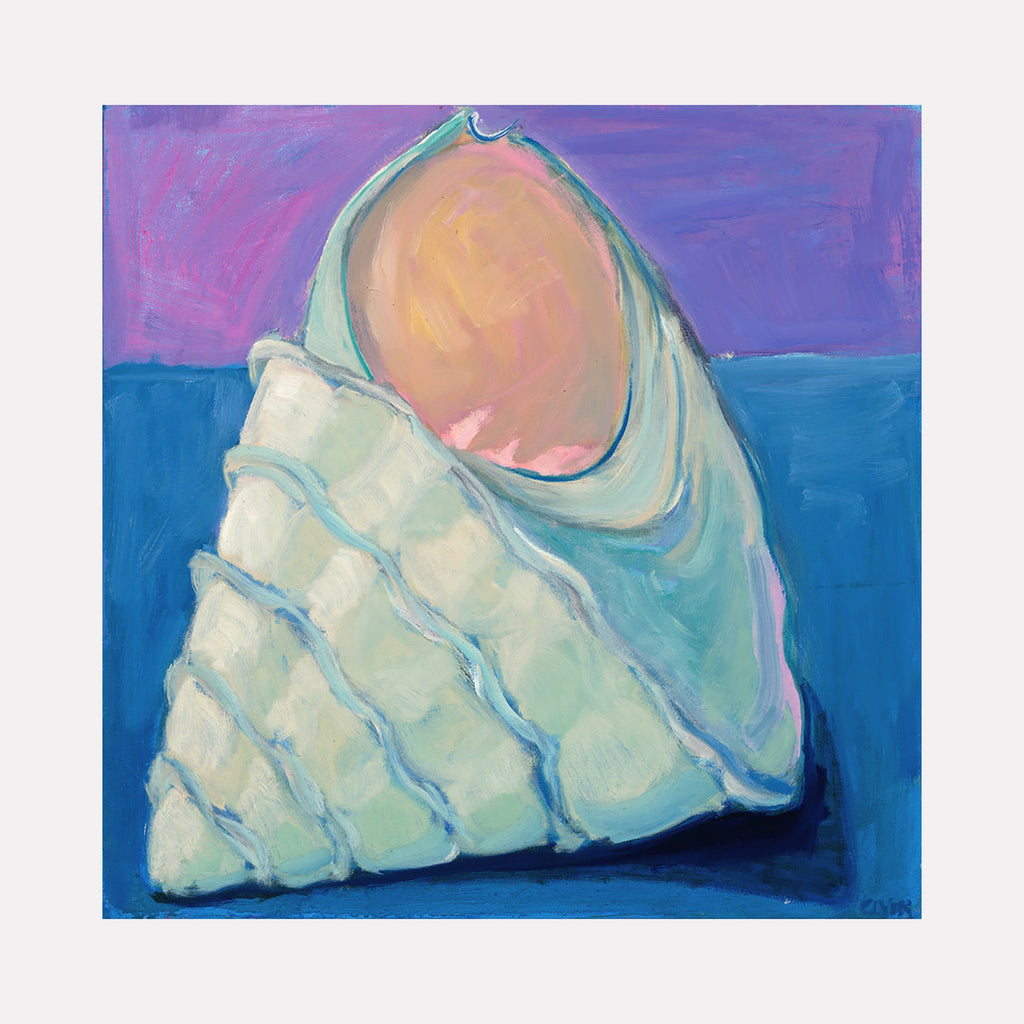 The artwork 'Triangle Shell' portrays a luminous seashell painted in soft mint greens and pearly whites against a vibrant background of deep blue and magenta. The shell features a triangular geometric pattern with ridged textures and a subtle iridescent glow. Oil on canvas artwork by Cristi Lyon.