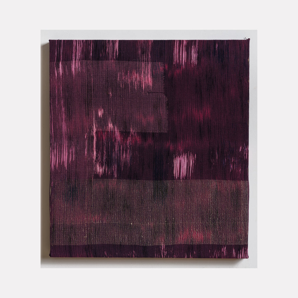 The artwork 'Untitled 158' by Victoria Manganiello features abstract vertical streaks in deep burgundy and black tones on textured fabric. Natural and synthetic fibers create a moody composition with painterly brushstrokes, displaying varying intensities of purple hues against darker shadows, measuring 26.5 x 24 inches.