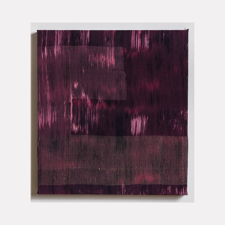 The artwork 'Untitled 158' by Victoria Manganiello features abstract vertical streaks in deep burgundy and black tones on textured fabric. Natural and synthetic fibers create a moody composition with painterly brushstrokes, displaying varying intensities of purple hues against darker shadows, measuring 26.5 x 24 inches.