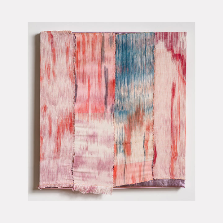 The artwork 'Untitled 163' by Victoria Manganiello features delicate vertical streaks in coral pink and deep turquoise blue, creating a watercolor-like effect on textile. The natural and synthetic fibers show a gentle draping effect with subtle texture variations and bleeding dye patterns, measuring 32 x 28 inches. By Victoria Manganiello.