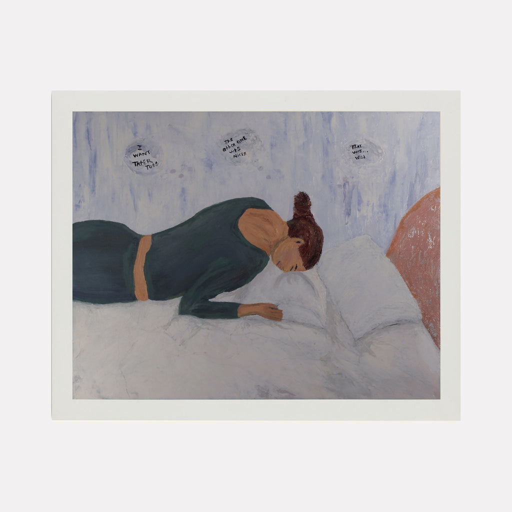 The artwork 'Up All Night' by Ali Ha depicts a resting figure in a dark green attire against white bedding. The oil painting features soft brushstrokes creating a dreamy atmosphere with muted blue-gray walls and peachy accents. The composition captures a serene moment with expressive textural elements on an 11x14 inch canvas. Art by Ali Ha.