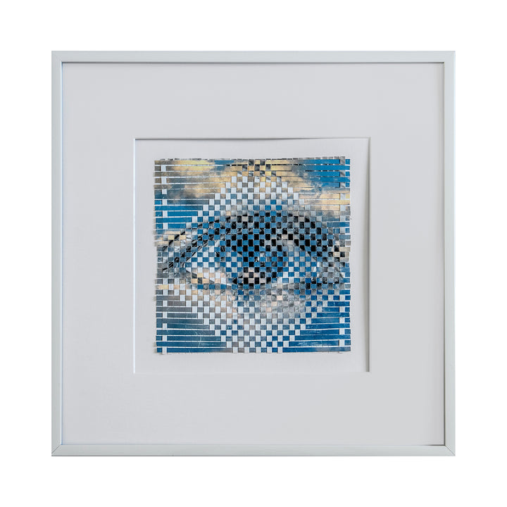 The artwork 'Up or Down' by Kiana Honarmand features an intricately woven pattern of hand-cut digital prints, creating a mesmerizing optical illusion in shades of blue and white. The geometric checkerboard weaving technique forms an abstract composition within a white frame, measuring 16x16 inches. The piece demonstrates precise craftsmanship through its meticulously interwoven paper strips.