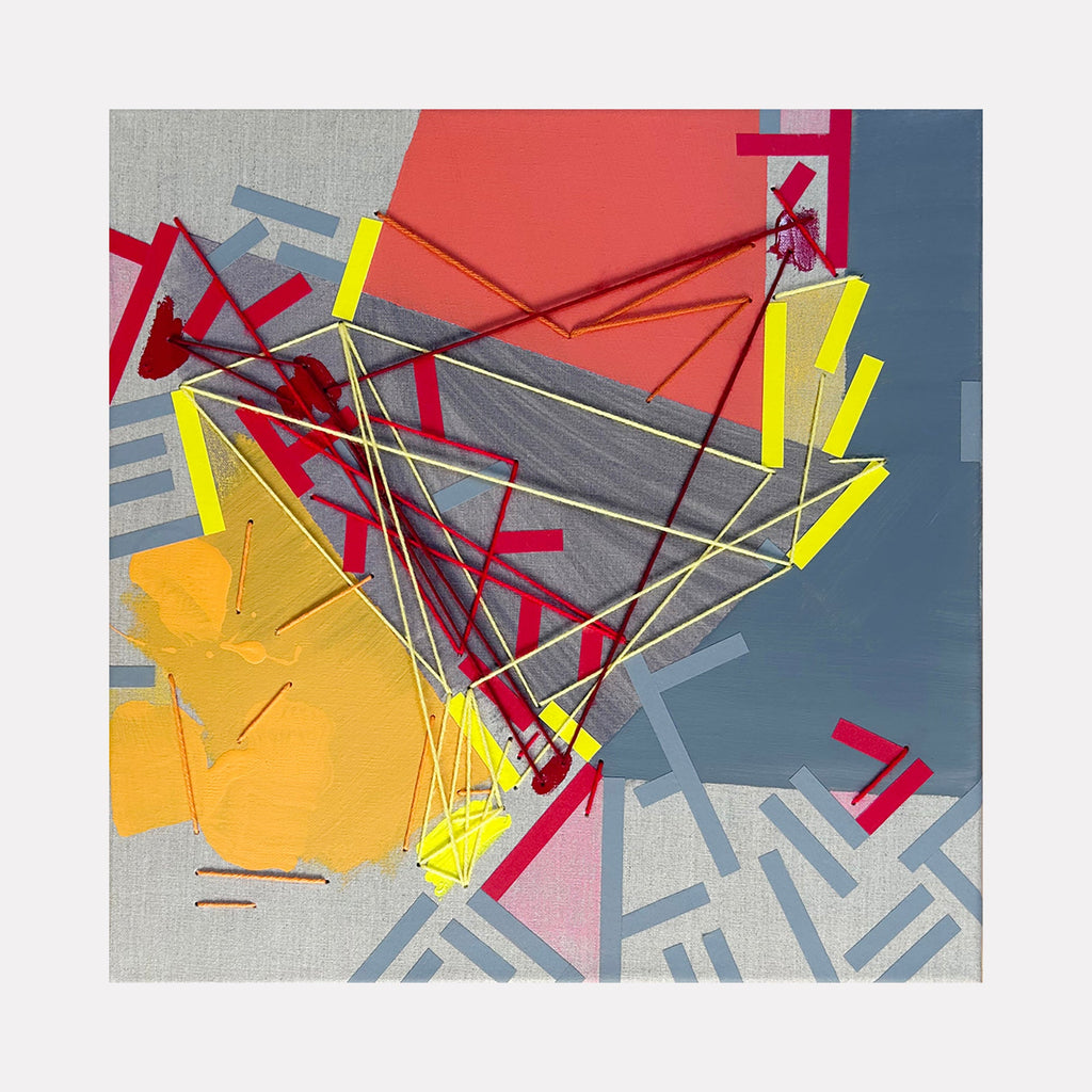 The artwork 'Uusliann' by Philippe Halaburda features dynamic geometric shapes in vibrant red, yellow, and gray tones. Angular lines intersect across the canvas, creating an abstract composition with sharp edges and overlapping forms. Yarn elements add texture, while tape creates precise linear elements against a multi-toned background with hints of blue and coral. 20x20 inches mixed media artwork by Philippe Halaburda