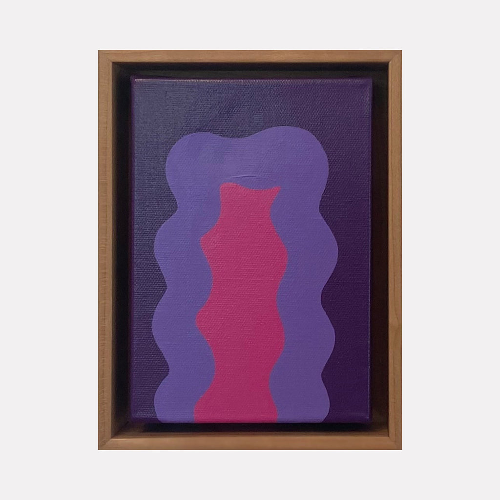 The artwork 'Violet Mini' by Shadia Sabagh features an abstract composition with a vibrant pink wavy column centered against a deep purple organic shape on a darker purple background. The acrylic painting showcases fluid, biomorphic forms creating a harmonious contrast between warm and cool tones, framed in wood.