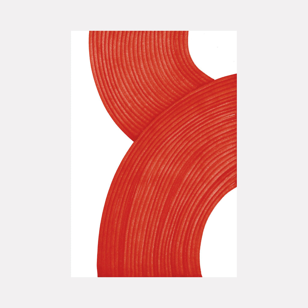 The artwork 'Velvet Red' by Alina Glotova features bold curved lines in vibrant red ink creating a minimalist abstract composition. The sweeping arcs display fine parallel striations, suggesting texture and movement against a clean white background. The 40x30 inch print demonstrates elegant simplicity through marker technique.