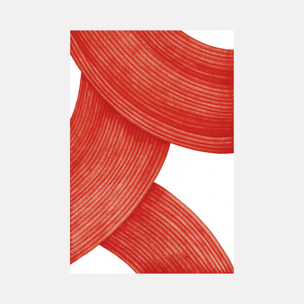 The artwork 'Vermilion Hills' by Alina Glotova features bold, sweeping curves in vibrant vermilion red, created with printInk marker in a minimalist style. The composition shows three graceful, parallel curved forms with delicate linear textures, set against a stark white background, creating a striking abstract geometric design. Available as a 40x30 inch print by Alina Glotova.