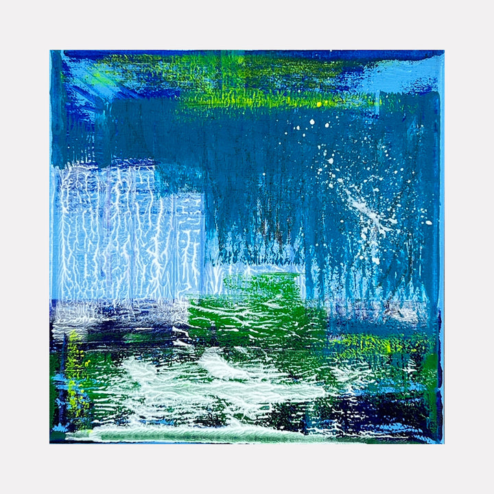 The artwork 'Voyage 12' by Bill Burns features an abstract seascape composition with dynamic brushstrokes in deep turquoise blues and vibrant greens. White textural elements suggest ocean spray and seafoam, while vertical streaks evoke rainfall or maritime elements. The 8x8 inch acrylic painting on canvas captures the raw energy and movement of water through expressive contemporary techniques.