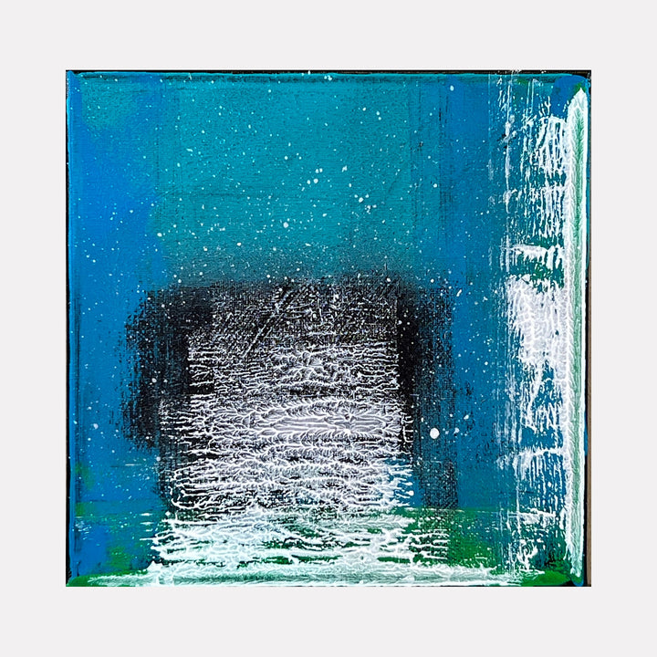 The artwork 'Voyage 2' by Bill Burns features a dramatic abstract composition with a central black and white textured portal set against a vibrant turquoise blue background. The painting showcases dynamic brushstrokes creating a sense of depth and movement, with white gestural marks suggesting waves or energy emerging from the dark center, painted in acrylic on 8x8 inch canvas.