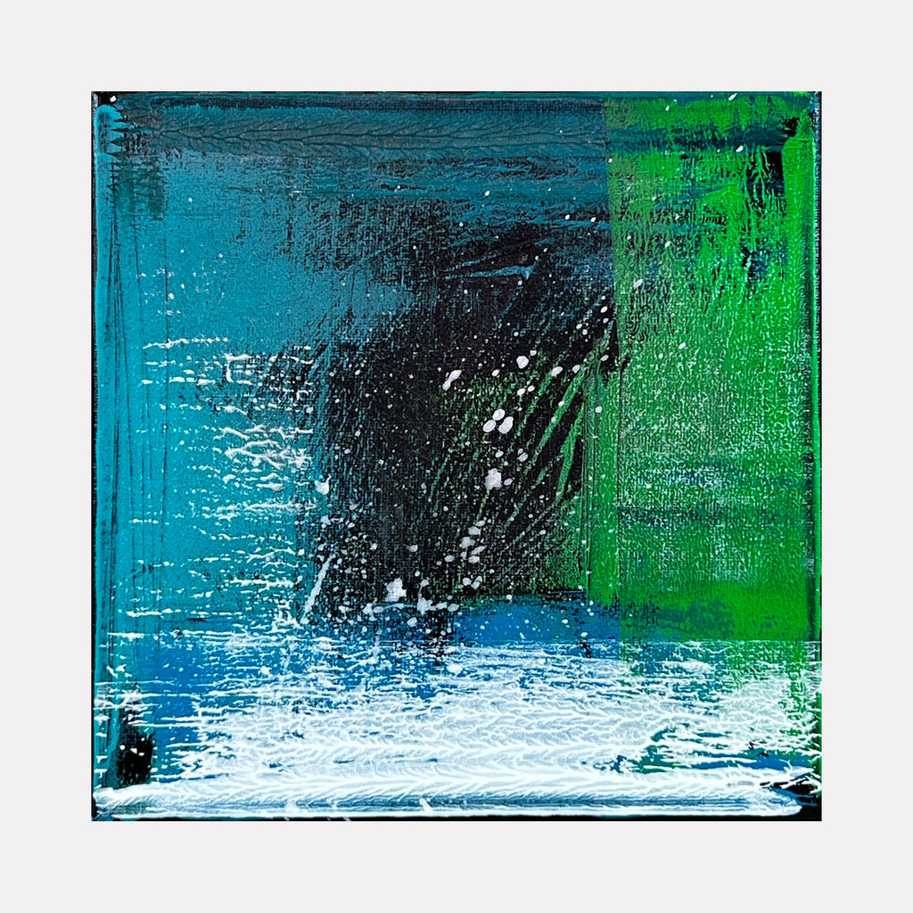 The artwork 'Voyage 3' by Bill Burns features a dynamic abstract composition in turquoise, emerald green, and black on an 8x8 canvas. Bold brushstrokes create a dramatic splash effect, with textured white highlights at the bottom suggesting ocean spray. The acrylic painting evokes the raw energy of crashing waves against a stormy backdrop.