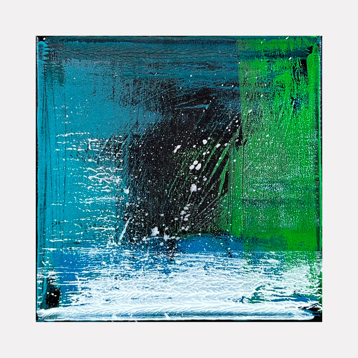 The artwork 'Voyage 3' by Bill Burns features a dynamic abstract composition in turquoise, emerald green, and black on an 8x8 canvas. Bold brushstrokes create a dramatic splash effect, with textured white highlights at the bottom suggesting ocean spray. The acrylic painting evokes the raw energy of crashing waves against a stormy backdrop.