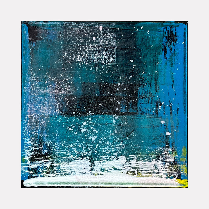 The artwork 'Voyage 5' by Bill Burns features a dynamic abstract composition with deep turquoise and azure blue tones creating a cosmic atmosphere. White speckled textures splash across the canvas suggesting stars or ocean spray, while dark gestural strokes add depth. The 8x8 inch acrylic painting evokes an ethereal seascape or night sky perspective.