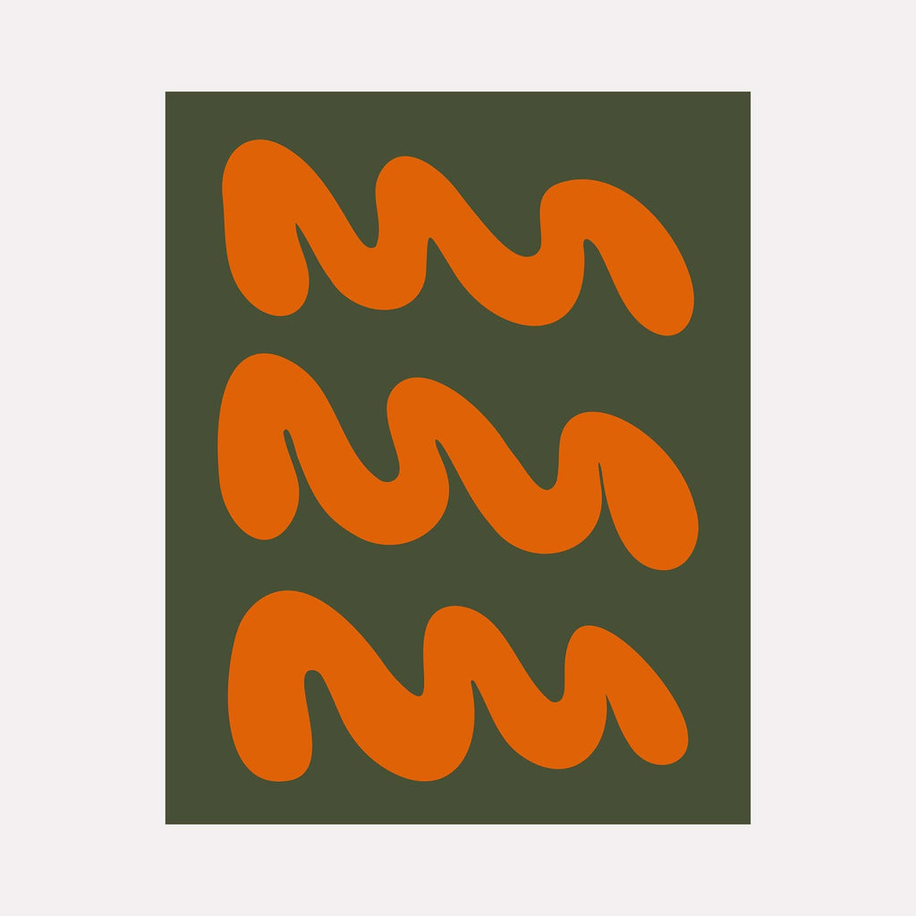 The artwork 'WAVES IV' by Shadia Sabagh features three bold, undulating orange curves against a deep olive green background. The minimalist composition creates a rhythmic pattern reminiscent of ocean waves, rendered in acrylic on canvas with smooth, clean lines and strong color contrast, measuring 24 x 30 inches.