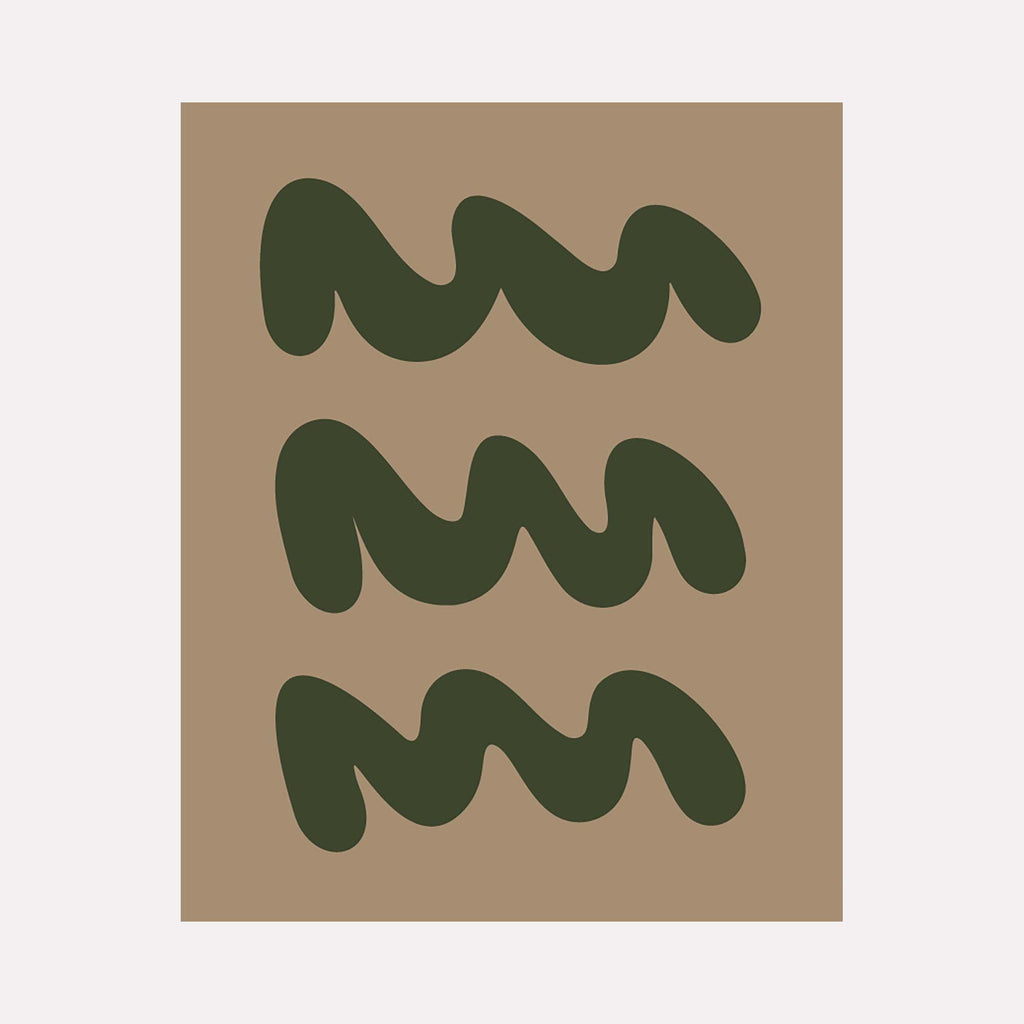 The artwork 'WAVES V' by Shadia Sabagh features three horizontal rows of undulating dark green wave-like forms against a warm beige background. The minimalist abstract composition showcases smooth, curvilinear shapes with rounded edges, creating a rhythmic pattern reminiscent of ocean waves or rolling hills. This acrylic on canvas painting measures 24 by 30 inches.