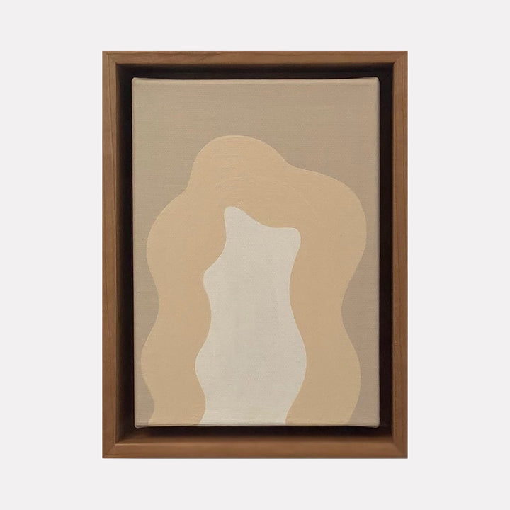 The artwork 'White Mini' by Shadia Sabagh features organic flowing shapes in soft beige and white tones, creating an abstract fluid composition. A central white curved form contrasts against a neutral beige background, framed in rich brown wood. Acrylic on canvas, 8x6 inches, showcasing minimalist contemporary style.