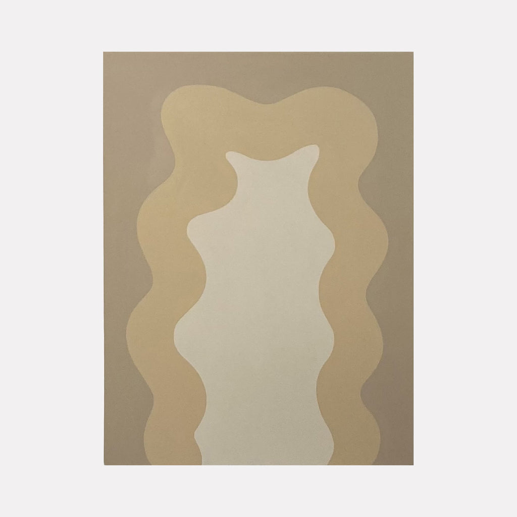 The artwork 'White' by Shadia Sabagh features organic wavy forms in soft beige and cream tones against a taupe background. Abstract flowing lines create a balanced vertical composition, reminiscent of natural curves. Acrylic on canvas, the minimalist painting explores gentle movement and negative space through its fluid shapes.