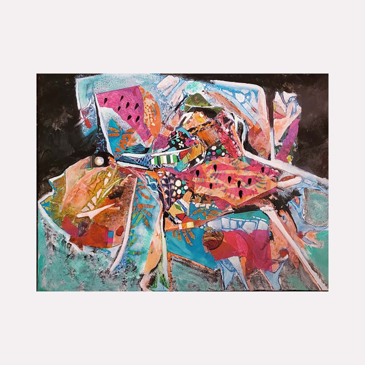 The artwork 'Watermelon Crush' by James Ehling features a vibrant abstract composition combining pink and turquoise hues in a dynamic arrangement. Geometric shapes and organic forms overlap, creating a sense of movement and depth. Black seeds pattern appears throughout the pink sections, reminiscent of watermelon slices. The mixed media piece incorporates acrylic paint and fabric elements on a 16x12 inch canvas.