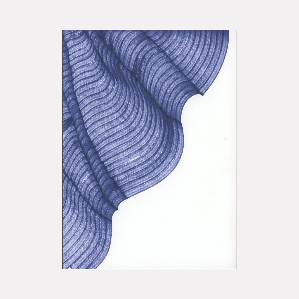 The artwork 'Wavery' by Alina Glotova features a minimalistic ink marker drawing depicting flowing wave-like patterns in varying shades of blue. The organic curved lines create a rippling effect against a white background, suggesting fluid movement and depth through parallel wavy strokes that cascade diagonally across the composition.