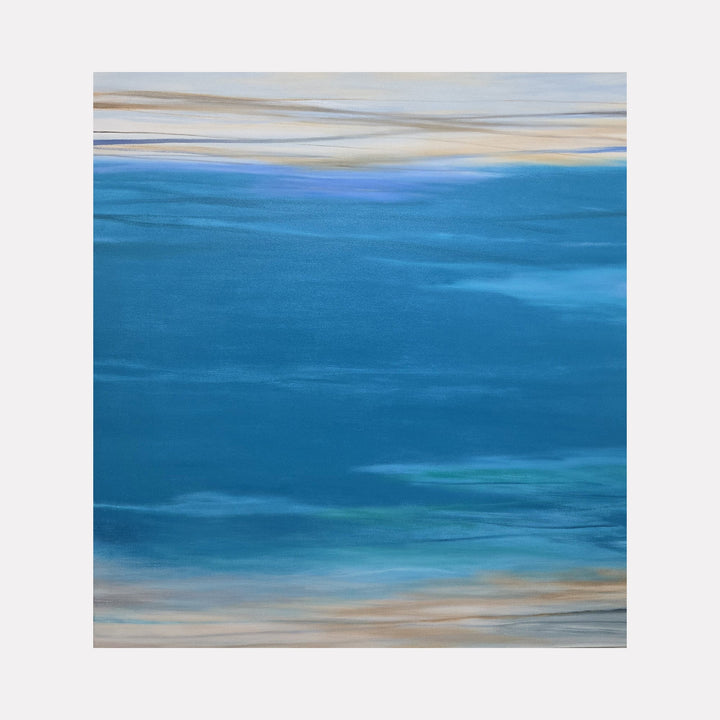 The artwork 'Waves #107' by Bob Melzmuf features a serene abstract seascape with layered horizontal brushstrokes. Deep azure blues dominate the center, transitioning to soft beige and white tones at the top and bottom, creating a tranquil ocean-inspired composition with smooth, flowing textures that evoke gentle ocean waves.