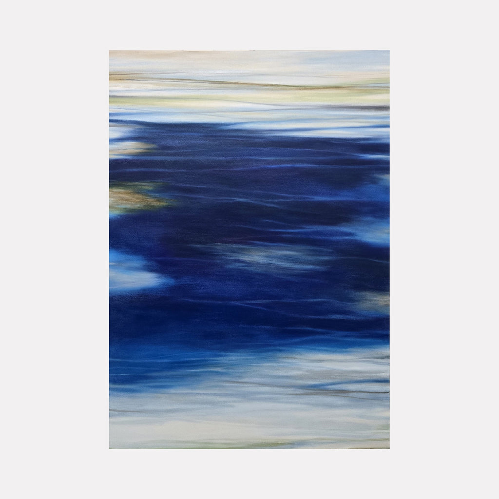 The artwork 'Waves #111' by Bob Melzmuf features fluid brushstrokes creating an abstract seascape with deep navy blues transitioning to soft whites and creamy yellows. The horizontal motion suggests rolling ocean waves, with smooth blending techniques creating a dreamy, atmospheric effect. The painting's composition evokes a sense of tranquil maritime movement.