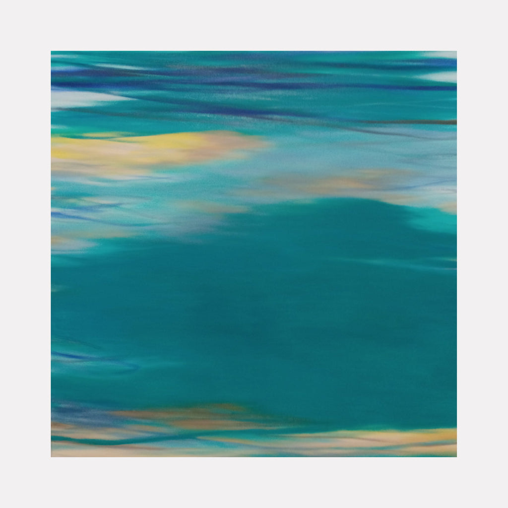 The artwork 'Waves #83' by Bob Melzmuf features fluid brushstrokes creating an abstract seascape in vibrant turquoise and teal tones, accented with golden yellow highlights. The oil painting captures the ethereal movement of ocean waves through horizontal layered strokes on canvas, measuring 50x50 inches.