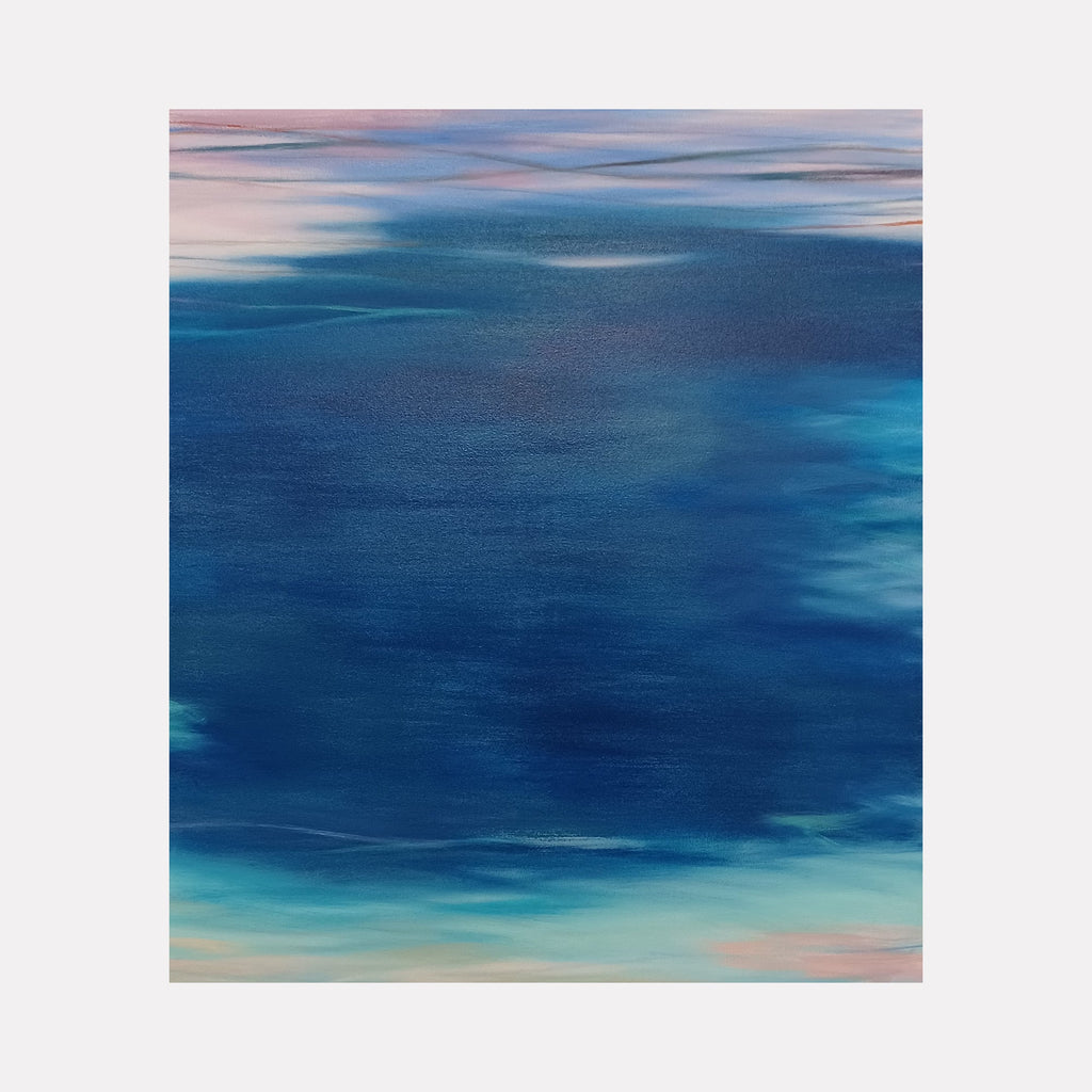 The artwork 'Waves #85' features ethereal layers of deep ocean blues transitioning to soft turquoise and blush pink hues, creating a serene seascape abstraction with fluid brushstrokes that evoke gentle ocean movements. Oil on canvas artwork measuring 46x40 inches by Bob Melzmuf.