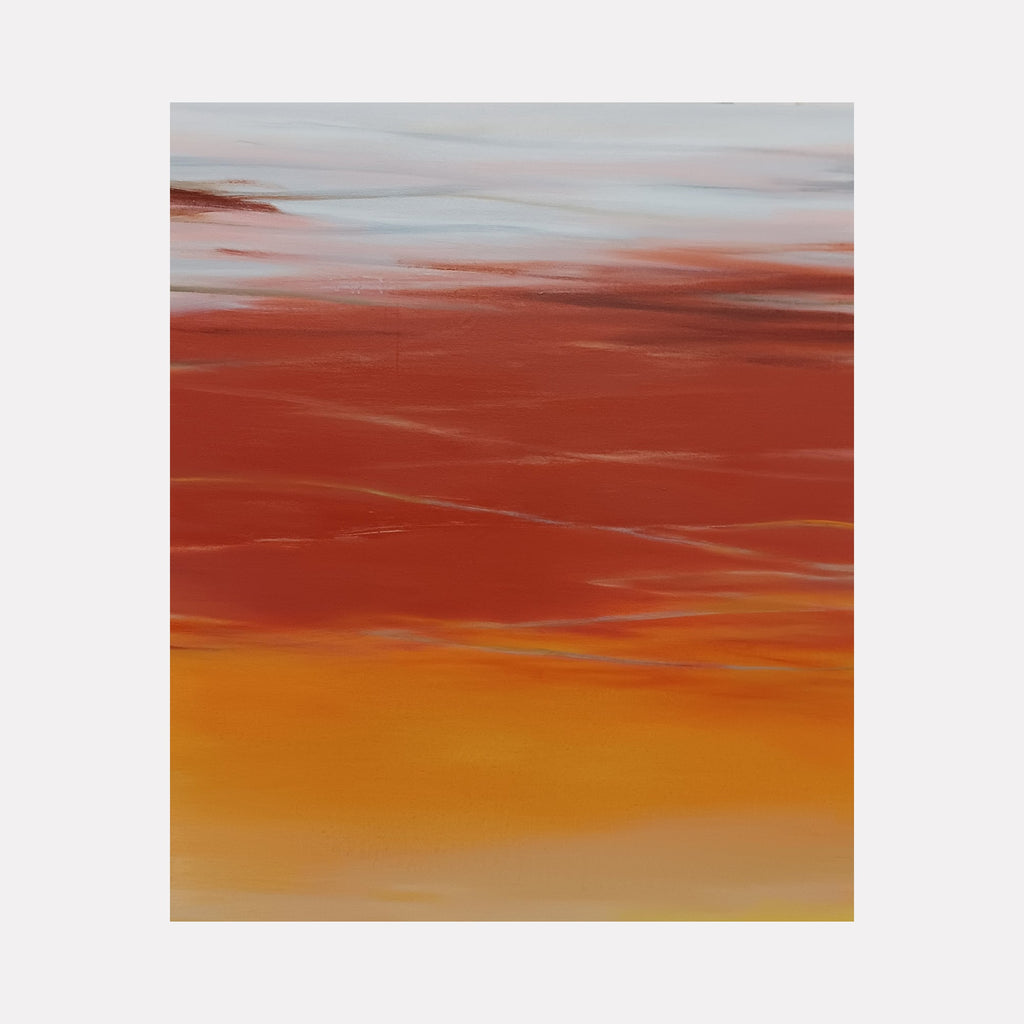 The artwork 'Waves #89' captures a mesmerizing sunset seascape with layered horizontal brushstrokes transitioning from deep rust red to golden orange, set against a pale gray sky. Abstract minimalist oil painting featuring fluid wave-like patterns and atmospheric gradient effects. Original artwork by Bob Melzmuf.