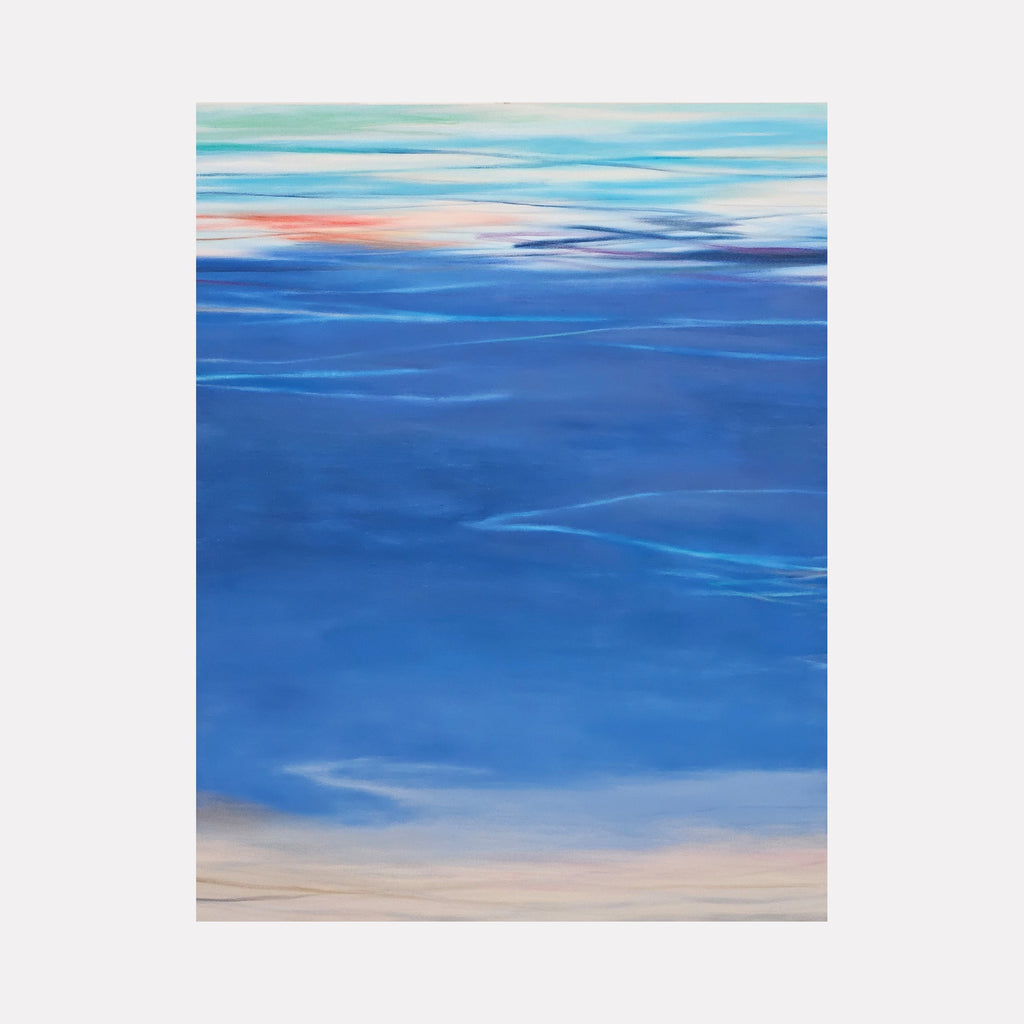 The artwork 'Waves #97' by Bob Melzmuf features fluid horizontal brushstrokes depicting ocean waves in vibrant cobalt blue, with soft coral sunset hues at the horizon blending into turquoise waters. A sandy beige shoreline anchors the bottom, while ethereal aqua tones ripple through the composition, creating a serene seascape on oil canvas.