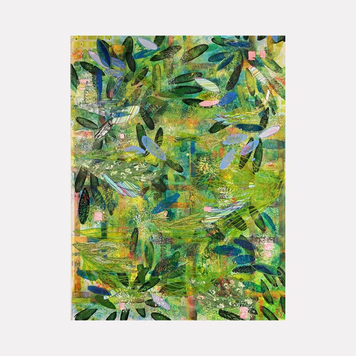 The artwork 'Welcome To The Jungle' by Lisa Petker Mintz features vibrant abstract botanical patterns in lush greens and deep blues. Layered leaf shapes create a dynamic tropical atmosphere, with textural elements and subtle coral accents throughout the mixed media canvas composition. The 48x36 inch piece evokes a dense, energetic rainforest canopy. By Lisa Petker Mintz.