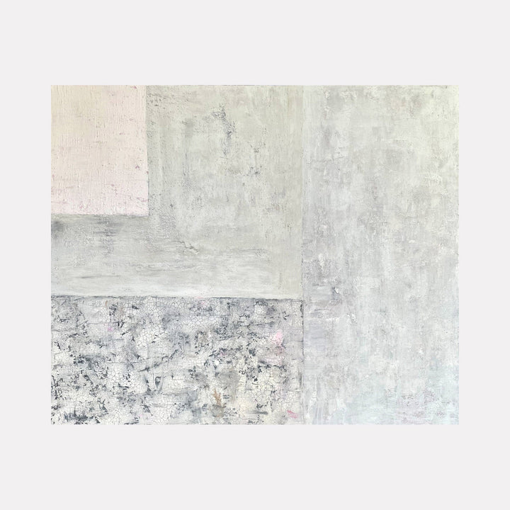 The artwork 'White Noise' by Jordan Barker features a minimalist abstract composition with geometric blocks in muted whites and grays. Textured surfaces created with acrylic and mixed media suggest weathered concrete, with subtle variations in tone and depth. The 72x60 inch canvas displays a contemplative interplay of rough and smooth textures across divided rectangular sections.
